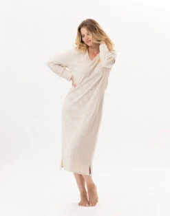 Chemise De Nuit Longue En CotonGARANCE 811 Doré/Ecru -Pyjama Chic Femme Magasin chemise de nuit longue en coton garance 811 dore ecru 3
