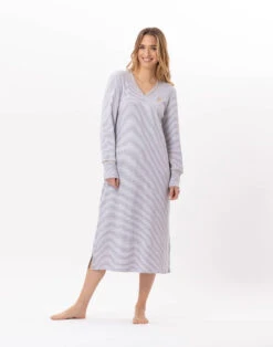 Chemise De Nuit Longue En CotonGARANCE 811 Gris Chine/Blanc -Pyjama Chic Femme Magasin chemise de nuit longue en coton garance 811 gris chine blanc 2