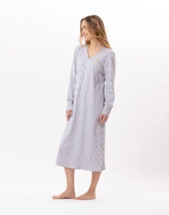 Chemise De Nuit Longue En CotonGARANCE 811 Gris Chine/Blanc -Pyjama Chic Femme Magasin chemise de nuit longue en coton garance 811 gris chine blanc 3