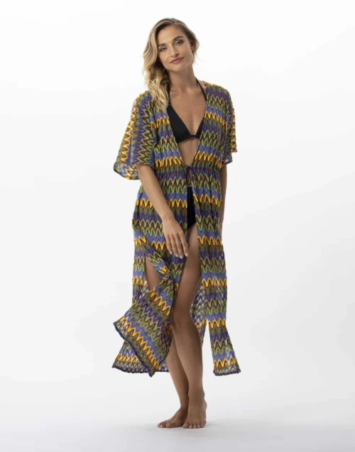 Kimono Long En Maille Ajourée BAHIA 770 Bleu Multico