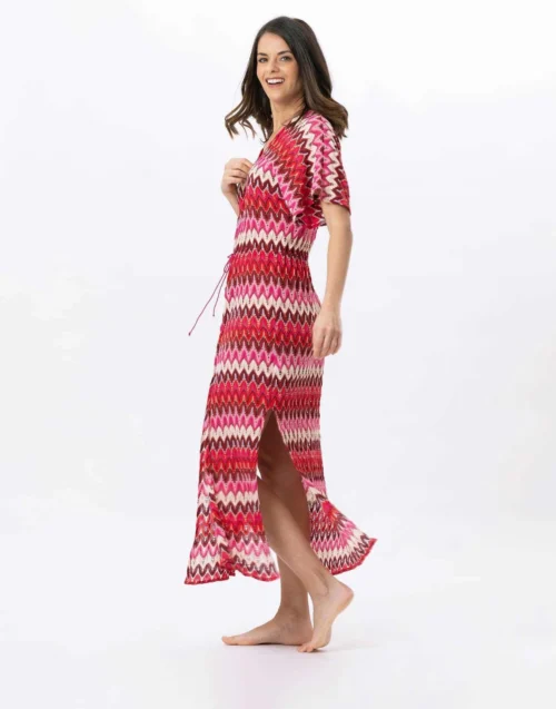 Kimono Long En Maille Ajourée BAHIA 770 Rose Multico -Pyjama Chic Femme Magasin kimono long en maille ajouree bahia 770 rose multico 2