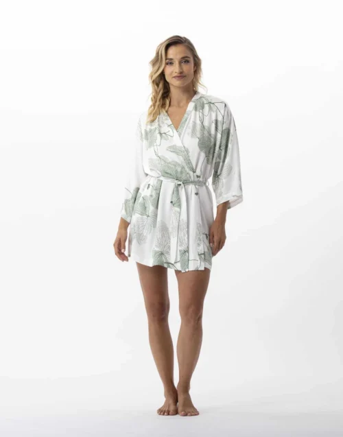 Kimono Motif Végétal En 100% Viscose GINKGO 760 Kaki