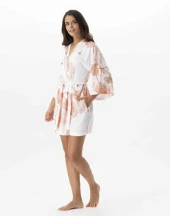 Kimono Motif Végétal En 100% Viscose GINKGO 760 Mandarine -Pyjama Chic Femme Magasin kimono motif vegetal en 100 viscose ginkgo 760 mandarine 3