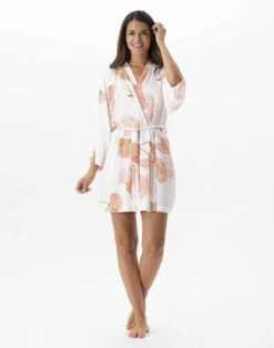 Kimono Motif Végétal En 100% Viscose GINKGO 760 Mandarine -Pyjama Chic Femme Magasin kimono motif vegetal en 100 viscose ginkgo 760 mandarine 4