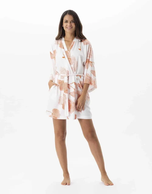 Kimono Motif Végétal En 100% Viscose GINKGO 760 Mandarine