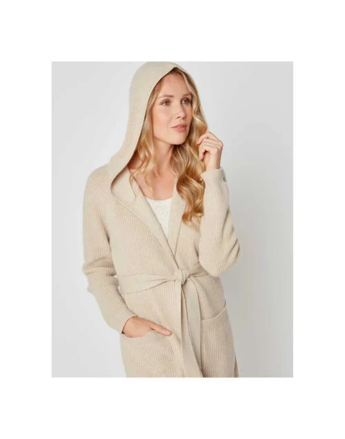 Peignoir En Cachemire Col Châle à Capuche Souple Camel -Pyjama Chic Femme Magasin peignoir en cachemire col chale a capuche souple camel 3