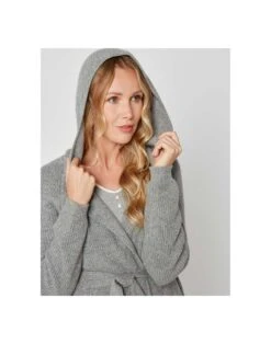 Peignoir En Cachemire Col Châle à Capuche Souple Gris Chiné -Pyjama Chic Femme Magasin peignoir en cachemire col chale a capuche souple gris chine 3
