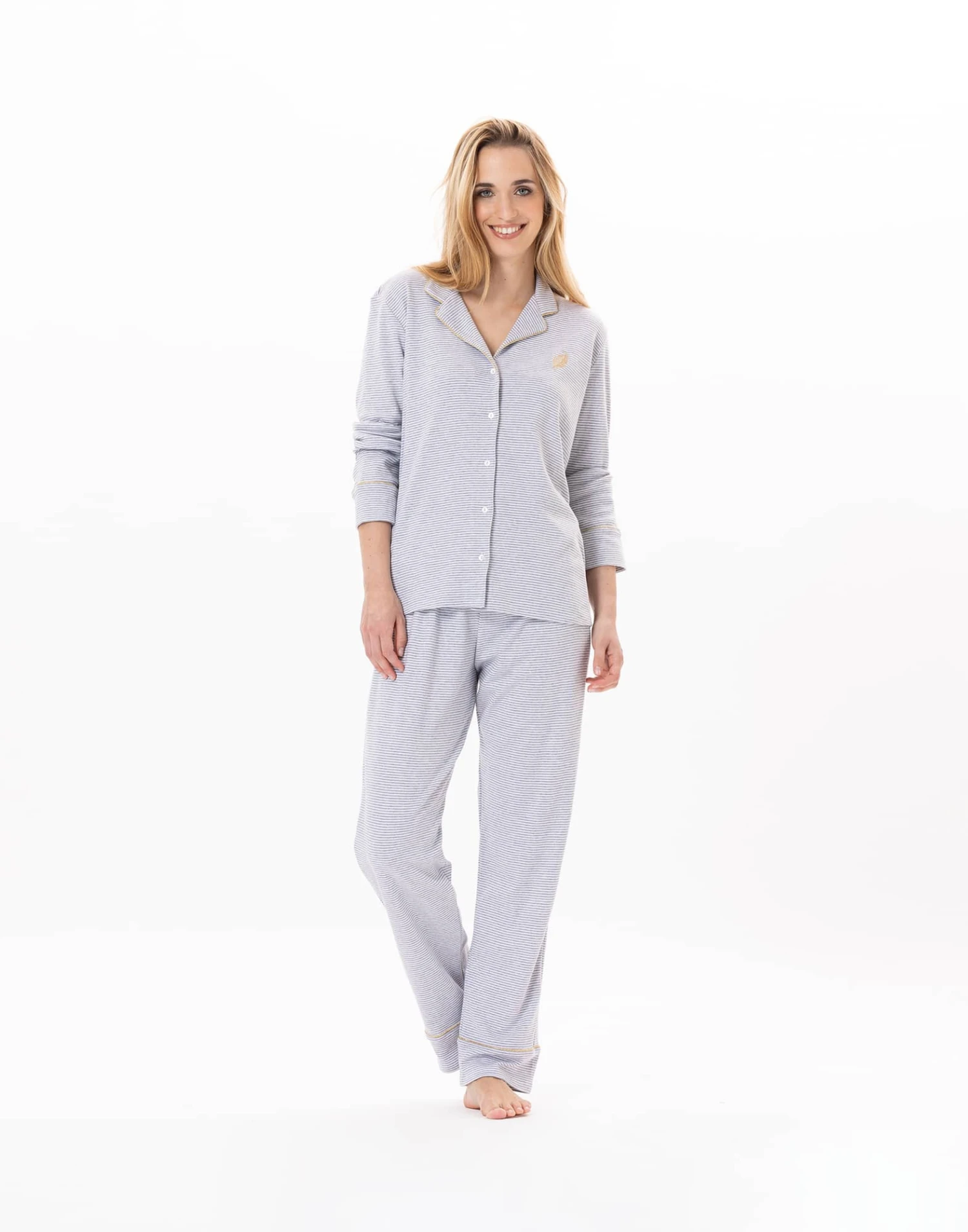 Pyjama Boutonné En Coton GARANCE 806 Gris Chine/Blanc