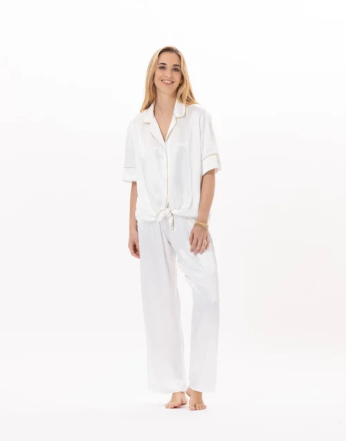 Pyjama Boutonné En Viscose CROISETTE 906 Blanc/Doré