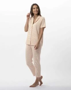 Pyjama Boutonné Rayé En Coton Et Modal FRUTTI 706 Mandarine -Pyjama Chic Femme Magasin pyjama boutonne raye en coton et modal frutti 706 mandarine 2