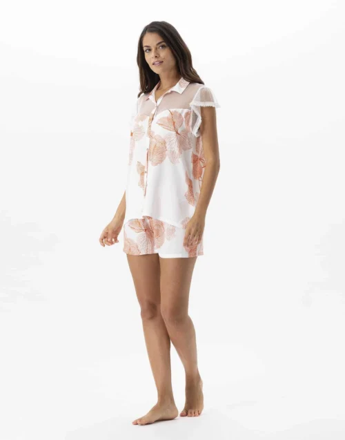 Pyjama Short Motif Végétal En 100% Viscose GINKGO 700 Mandarine -Pyjama Chic Femme Magasin pyjama short motif vegetal en 100 viscose ginkgo 700 mandarine 2