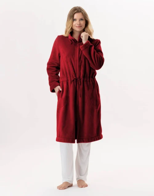 Veste Zippée En Peluche Flanelle ESSENTIEL 853 Tomette -Pyjama Chic Femme Magasin veste zippee en peluche flanelle essentiel 853 tomette 4
